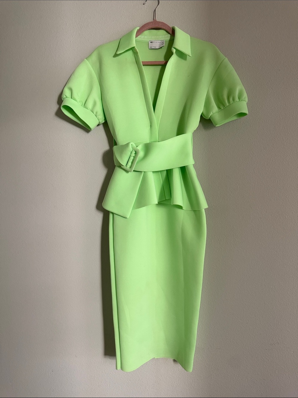 Women's Lime Green Belted Peplum Dress